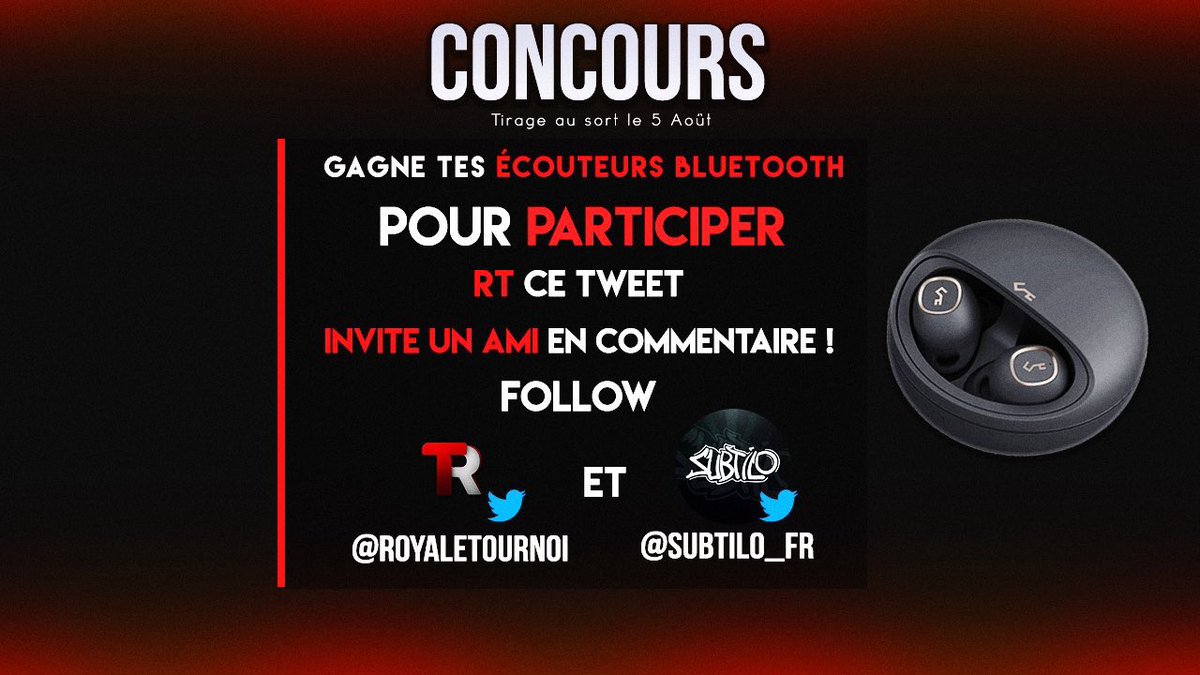 RoyaleTournoi's tweet photo. Nouveau #CONCOURS

Gagne ta paire d’écouteurs d’une valeur de 100€ ! 😍

Pour participer :
- RT ce tweet 
- Suivre @RoyaleTournoi et @SUBTILO_FR 

Invite un ami en commentaire !

Tirage au sort le 05 Août 🍀 https://t.co/w2fyJhjGnw