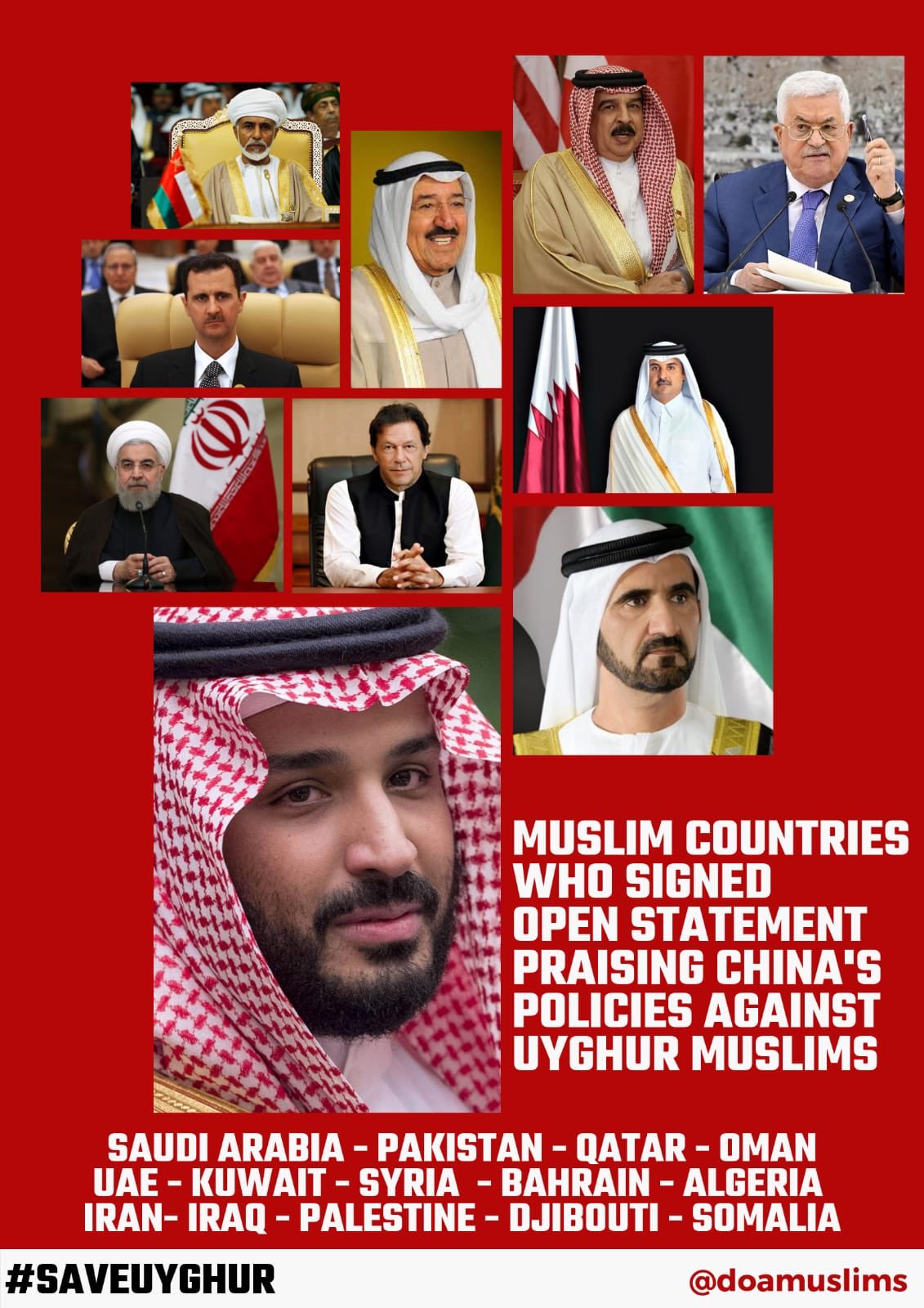 Abdugheni Sabit on X: "(UPDATED LIST) These Muslim countries signed a  letter expressing support for #China's policies against #Uyghur #Muslims...  #Iran, #Iraq, Djibouti and #Palestine are among the Muslim countries that  newly