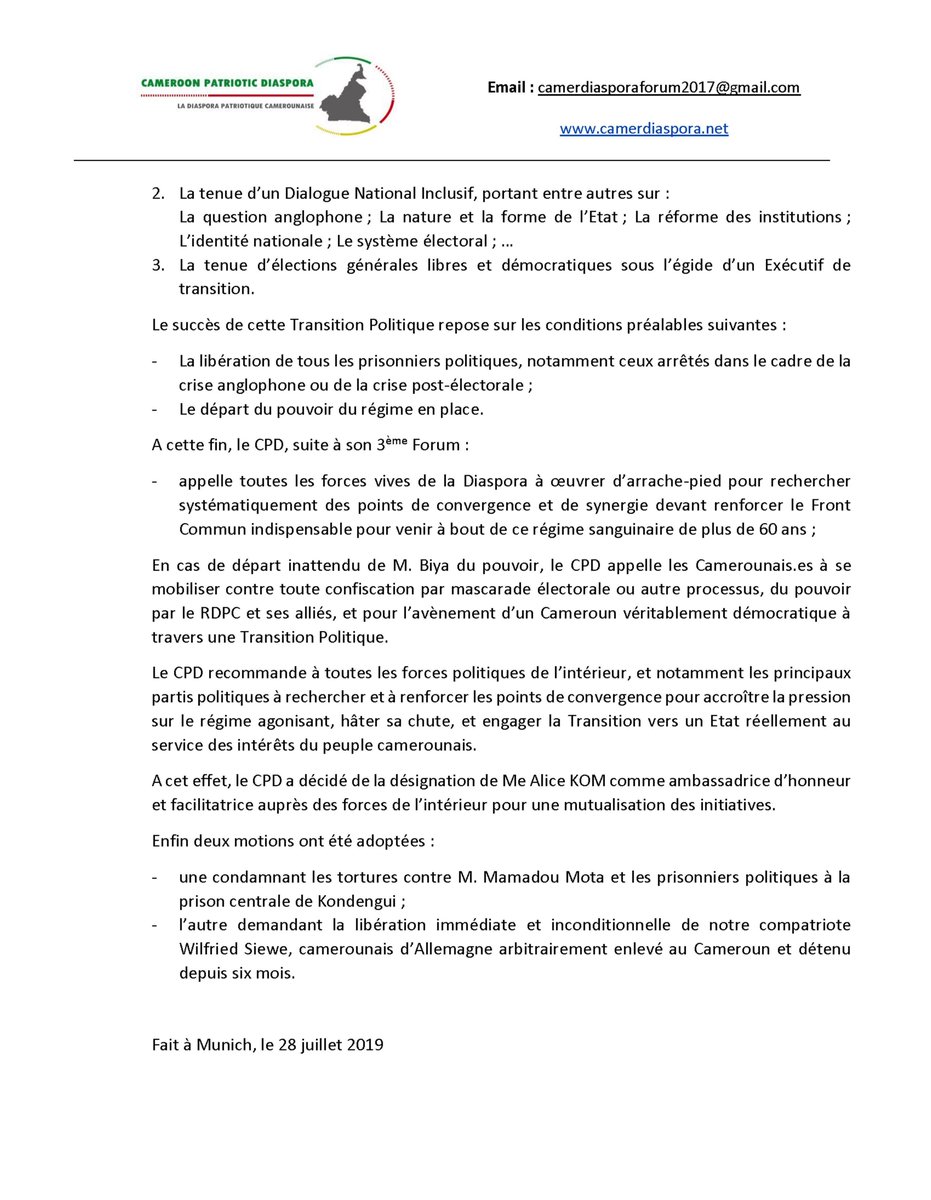 The #CameroonPatrioticDiaspora (#CPD)endorses the Africa Forum Initiative and #SymposiumOnCameroonCrisis led by Former African Heads of State <a href="/AsstSecStateAF/">Bureau of African Affairs</a> <a href="/AUC_MoussaFaki/">Moussa Faki Mahamat</a> <a href="/HelenClarkNZ/">Helen Clark</a> <a href="/inclusivedialo1/">inclusive dialogue</a> <a href="/JusticeReconci1/">Justice, Reconciliation and Peace</a> <a href="/dibussi/">Dibussi Tande</a>  <a href="/ChrisFomunyoh/">Dr. Christopher Fomunyoh</a>
<a href="/SAdamsR2P/">Simon Adams</a> <a href="/AliceNkom/">Alice Nkom 🇨🇲✊🏿❤️</a> <a href="/KahWalla/">Kah Walla</a>
