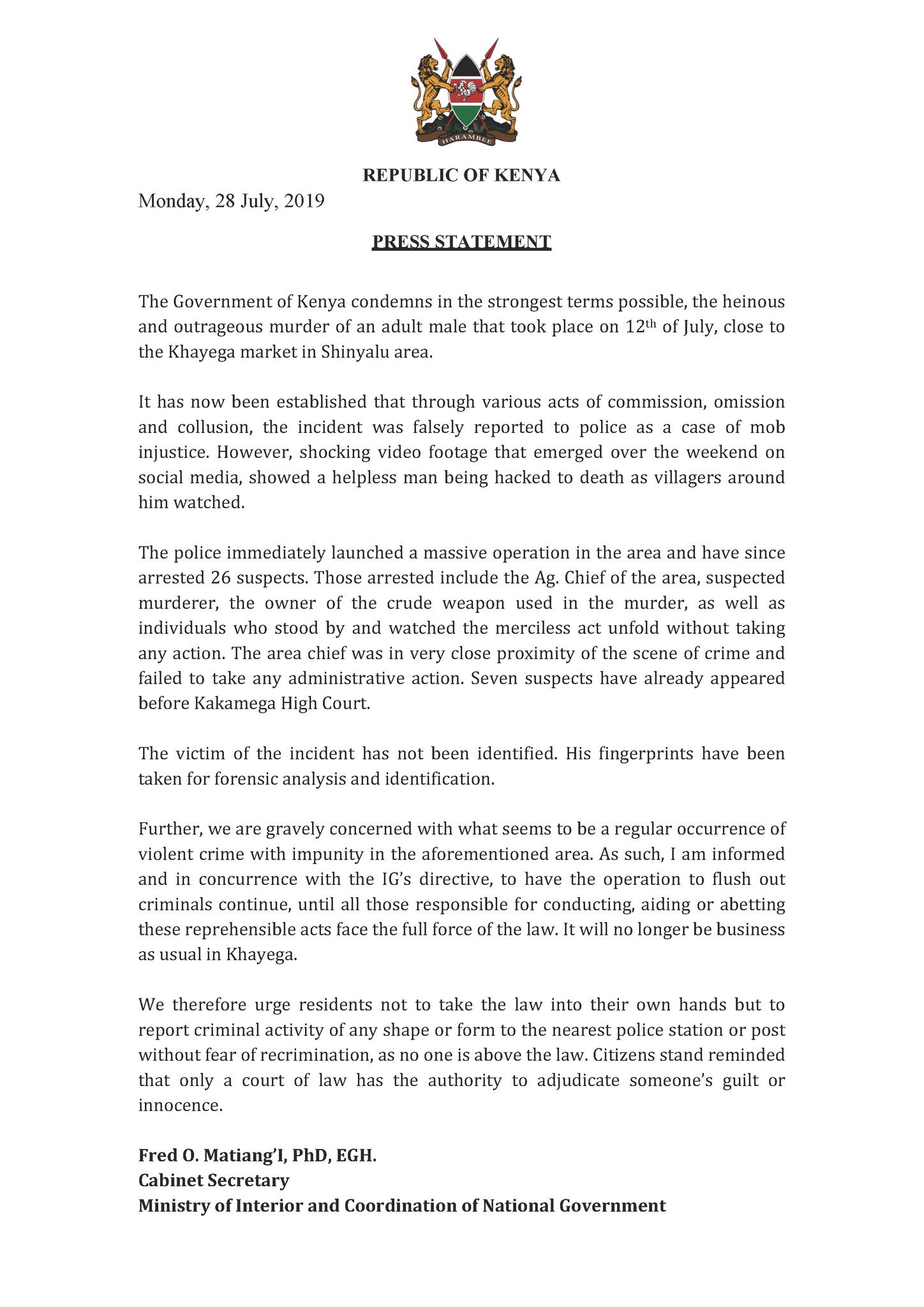 Ntv Kenya On Twitter Anyone Liable For The Ghastly Hacking Of A Suspected Chicken Thief In Khayega Kakamega County Will Be Brought To Book Cs Matiang I Https T Co Eksueuti9h