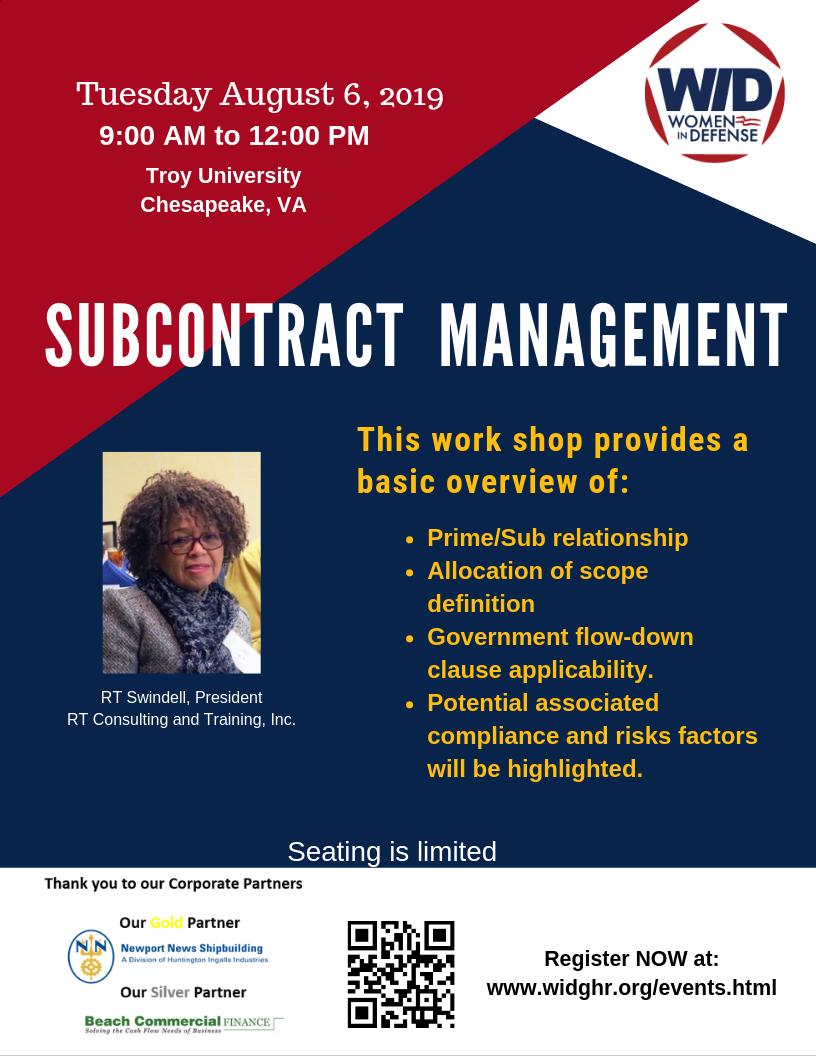 Registration is NOW Open for the "Subcontract Management" workshop with Instructor R.T. Swindell, President, RT Consulting and Training Inc. location Troy University in Chesapeake