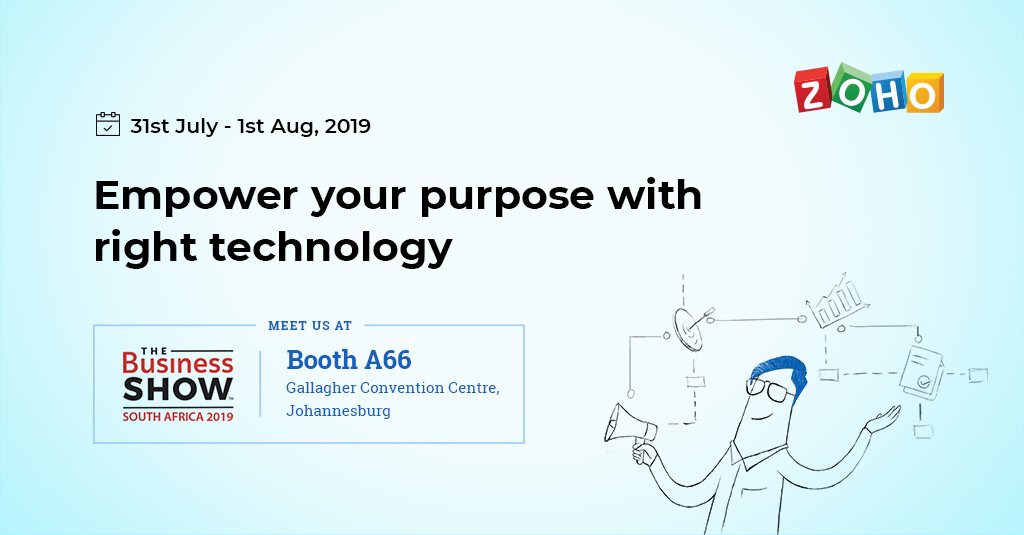 Zoho's tweet image. We are coming to 'The Business Show' in Johannesburg! If you are around, drop by our booth to discuss all things business and technology. We'd love to share our experiences and customer success stories on accelerating business with #technology . @NSBCSouthAfrica