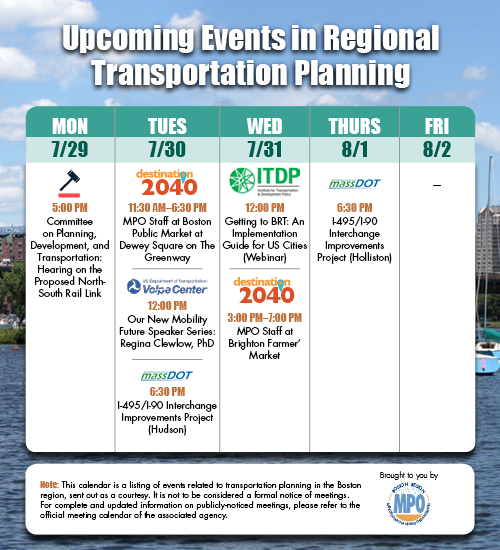 BostonRegionMPO's tweet photo. This week we'll be at two area Farmers' Markets for #Destination2040, the MPO's new long-range plan. Come see us!
Other events in the region include a @BOSCityCouncil hearing on the North South Rail Link, @VolpeUSDOT speaker series with @ReginaClewlow , @ITDPUS #BRT webinar https://t.co/YGcbLsVOxa
