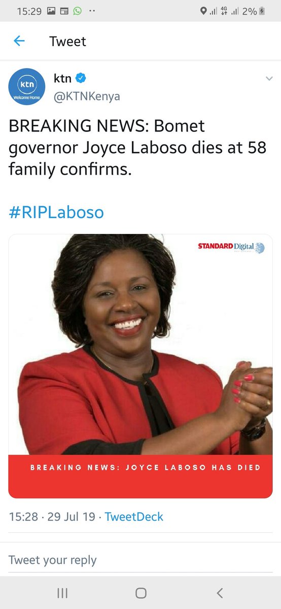 MbuiRobert's tweet photo. #Restinpeacelaboso
Its another sad moment in our country as we mourn the passing on of H.E @LabosoJoyce the governor of @BometCounty036
My condolences to the family and the people of bomet.
#cancerisamonster
@NTVnewsroom
@citizentvkenya
@AthianifmNews
@MusyiFM https://t.co/jIZomTmnKl