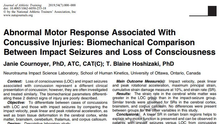 New online first from Dr. Janie Cournoyer and colleagues: Abnormal Motor Response Associated With Concussive Injuries: Biomechanical Comparison Between Impact Seizures and Loss of Consciousness.
natajournals.org/doi/pdf/10.408…
