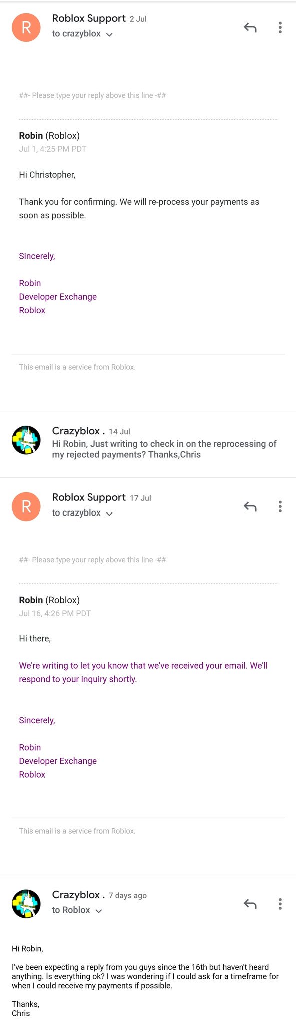 Crazyblox On Twitter Hi Roblox Robloxdevrel After Emails Spanning 3 Months I Ve Been Expecting 2 Rejected Payments To Be Re Processed As Soon As Possible Since The 1st Of This Month I Haven T - hi roblox