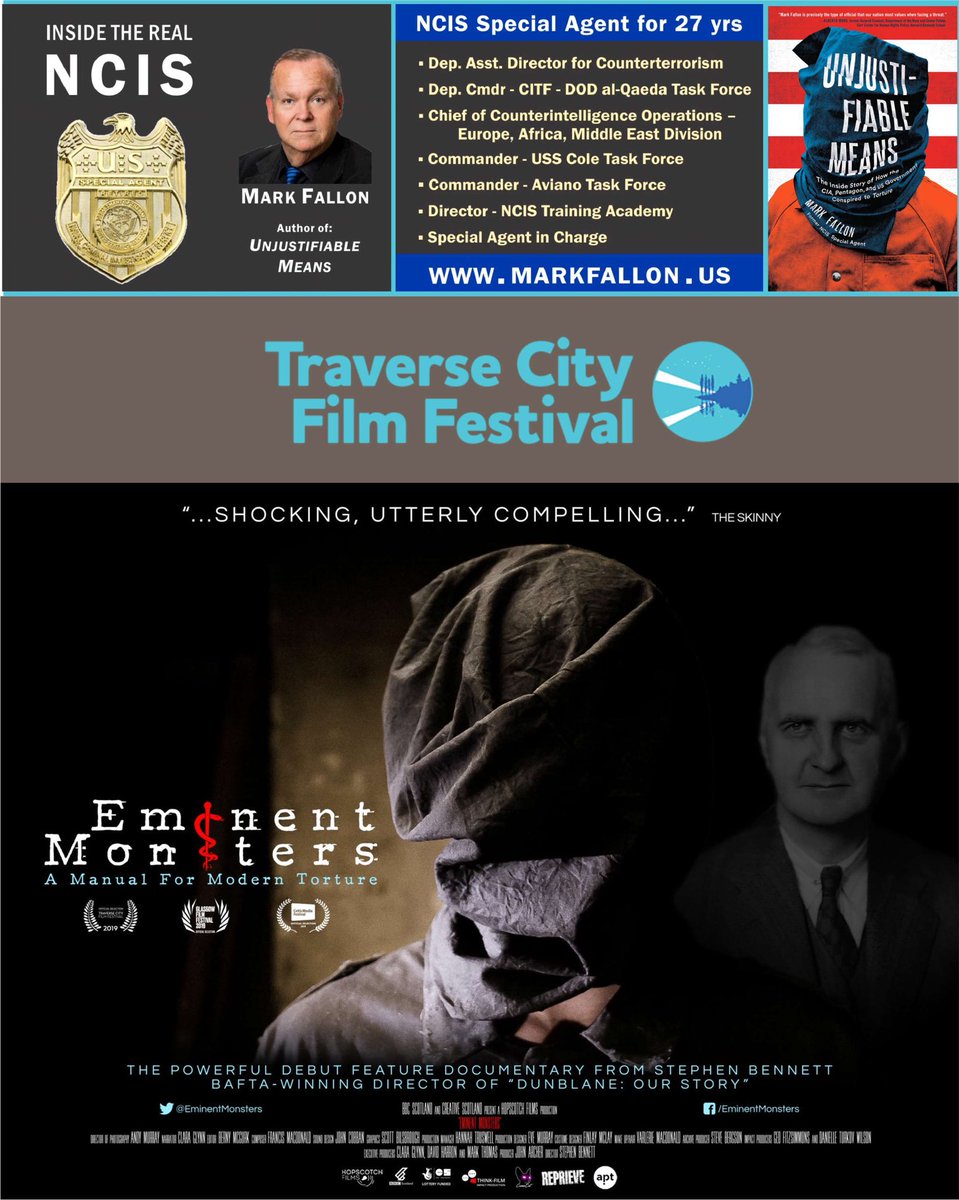 RT@glynco Good morning @TraverseCity! I’ll be @TCFF for the U.S. premier of @EminentMonsters with @hello_bennett and for a Meet the Author event @Brilliant_Books!

Stop by, say hello and we’ll talk about:

#Torture #Guantanamo #HoodedMen #NCIS #MKUltra #KUBARK #UnjustifiableMeans