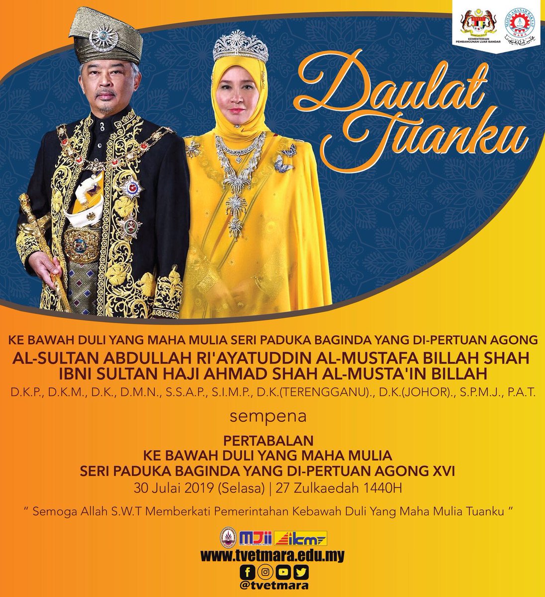 tvetmara's tweet photo. πππ¨πππ§ π§π¨ππ‘ππ¨
.
Semoga Allah S.W.T memberkati Pemerintahan Kebawah Duli Yang Maha Mulia Tuanku.
.
#TVETMARA #51tahunTVETMARA #BuildingTalentGeneratingFuture #BuildingTalent #GeneratingFuture #JomMasukKKTMMJIIIKM https://t.co/bAeXMxSNyu