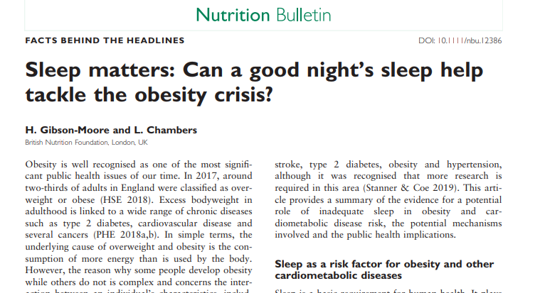 #DHSC's new consultation Green Paper on #Preventative #Health has highlighted #sleep as an important factor in preventing poor mental &amp; physical health. 

Read the latest science on the relationship between sleep &amp; #obesity in recent NBU paper (2019) here: onlinelibrary.wiley.com/doi/10.1111/nb…