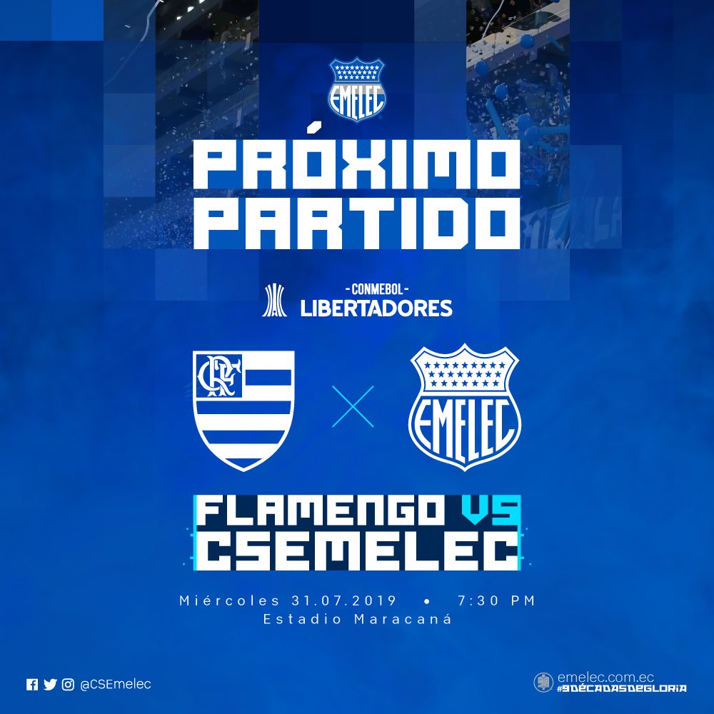CSEmelec's tweet photo. 🏆 #ConmebolLibertadores
⚽ @Flamengo vs @CSEmelec
📆 Miércoles, 31 de julio, 2019 
⏰ 7:30 pm 
🏟 Estadio Maracaná https://t.co/RbtjPWeS9o
