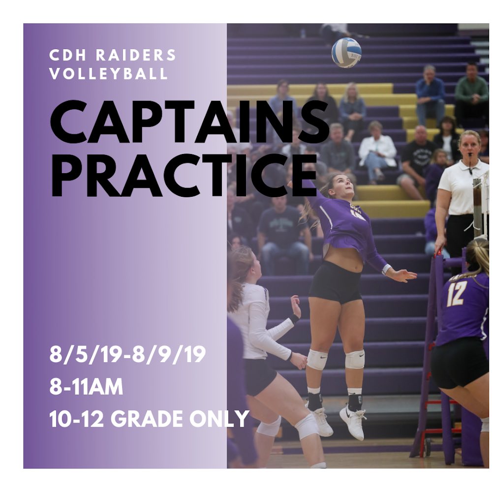 The season is just around the corner! Get tryout ready with captains practice! This is for all incoming 10-12 grade players wanting to tryout for volleyball this fall. Text/DM a Captain today if you have questions.