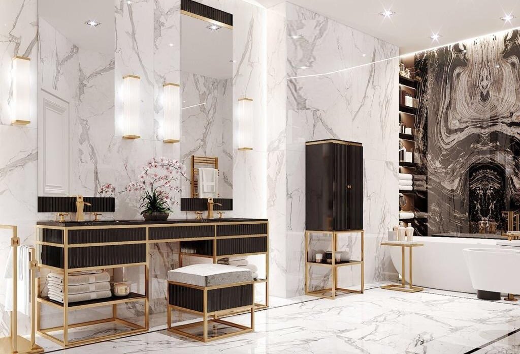 OASIS PROJECT | Materials are among the most precious and sophisticated for this project with Academy collection - bit.ly/2YpqSjn - Lacquered vanity units and cabinets with ribbed decoration, gold profiles and precious marble tops characterize this line. #grandeville