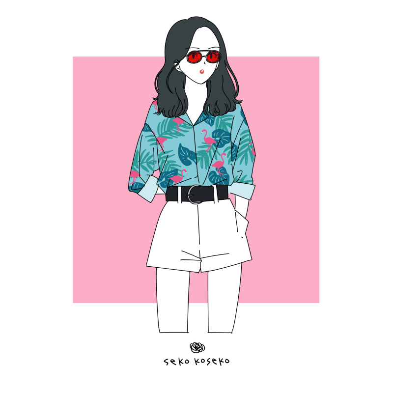 1girl solo black hair shirt belt shorts sunglasses  illustration images