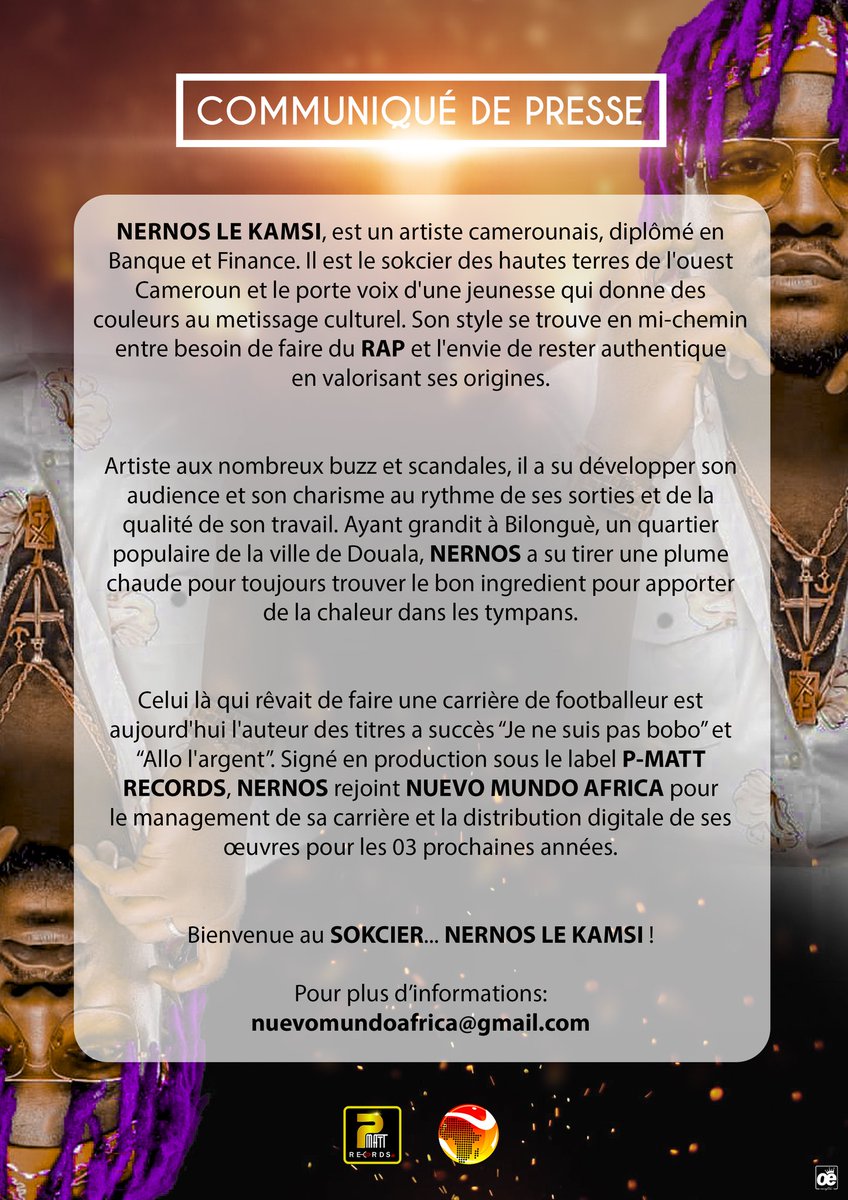 taphisonline's tweet photo. Nernos @LeKamsi signe en management et distribution digitale chez #NuevoMundoAfrica de @taphisonline 

Il rejoint @MbekoolOfficiel et @CysoulOfficiel 

#Cameroun #Cameroon #Musique #Music https://t.co/jpOKUnbolv