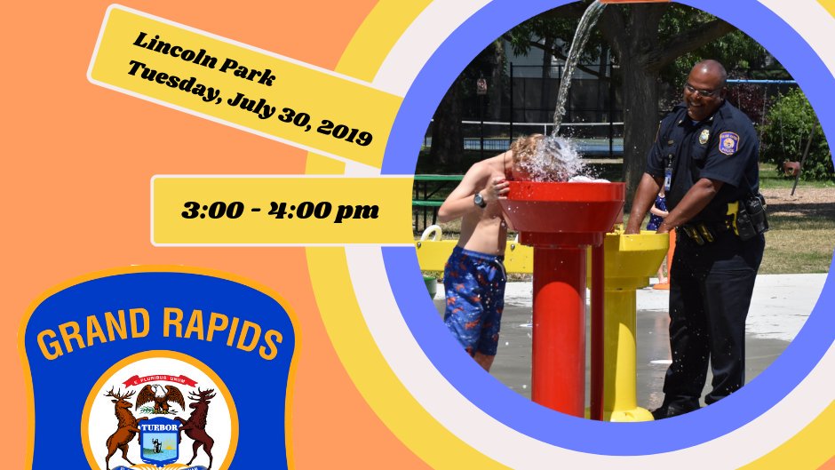 GrandRapidsPD's tweet photo. Hope to see many new GR faces as Chief Payne welcomes the community to join him at #LincolnPark tomorrow from 3-4 for "Chillin' With the Chief". Enjoy a free snow cone and cool off at the park's splashpad. #ChillinWithTheChief #OneContactOneConnection https://t.co/PLsTHs6OHk