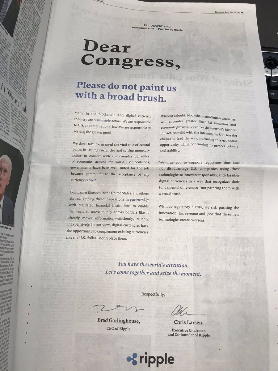 Ripple CEO writes open letter to Congress over regulatory uncertainty.  Ripple adds a Paid add in the WSJ @WSJ credit to @jcjuarez108 for the image.
