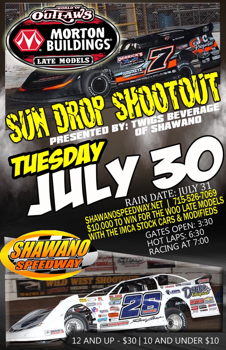Tomorrow night the Outlaws invade <a href="/ShawanoSpeedway/">Shawano Speedway</a> for the Sun Drop Shootout! Need event information? Click: worldofoutlaws.com/latemodels/sch…