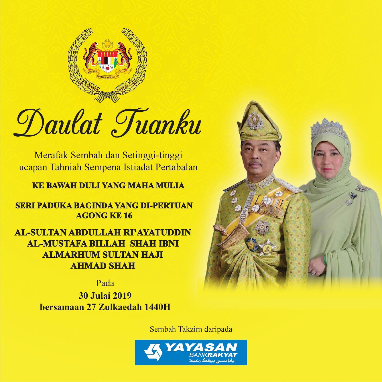 pertabalan agong 30 julai 2019
