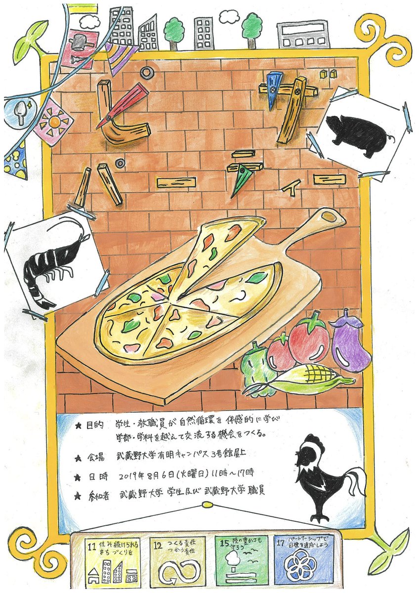 ーイベント案内ー
武蔵野大学有明キャンパス三号館屋上に菜園があるのは皆さんご存知だと思いますが、そこで採れた野菜をピザ生地にのせ、ピザ窯で焼いて食べるイベントを開催します。武蔵野大学の学生、教職員どなたでも参加大歓迎です。（無料）
自然との触れ合いや人との交流を楽しみましょう。