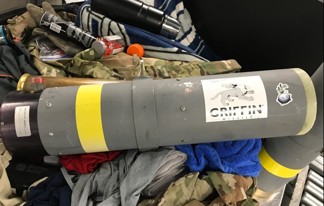 TSA_Northeast's tweet photo. .@TSA officers at @BWI_Airport detected this missile launcher in a checked bag early this morning. Man said he was bringing it back from Kuwait as a souvenir. Perhaps he should have picked up a keychain instead! https://t.co/AQ4VBPtViG