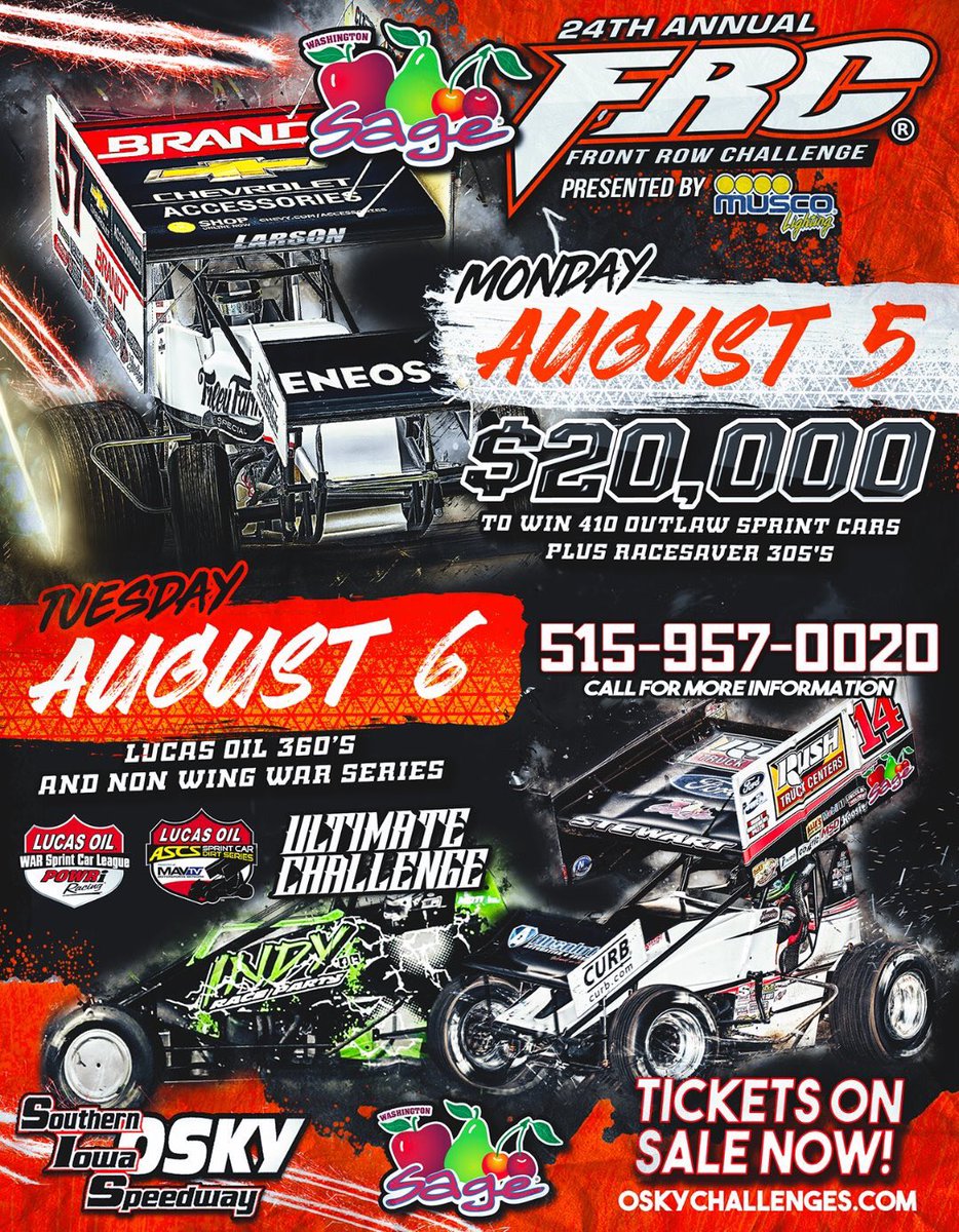 TerryMccarl24's tweet photo. 1 week from today! $20,000/win outlaw 410's & IMCA RaceSaver 305's. Tuesday is the @LucasOilASCS National 360's & @WARSprints NonWing Sprint Cars! Over 1000 Hats/Shirts & other goodies for the fans! Lots of prizes/products for the teams! #BeThere #Osky'19 https://t.co/hLKnWBriax