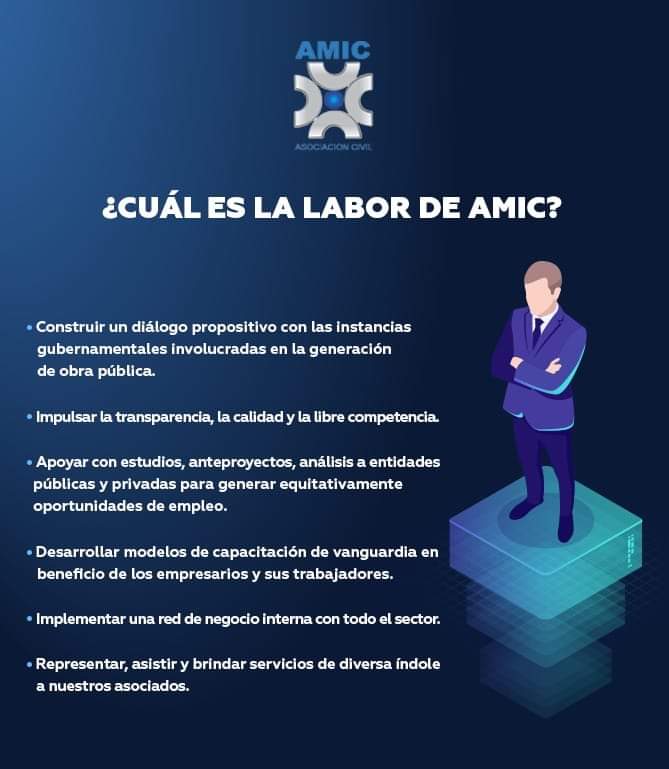 El objetivo de nuestra AC es mejorar las condiciones del sector de la construcción en #México.🇲🇽

Conoce un poco de nuestra función en beneficio del sector.👇🏼 #SomosAMIC