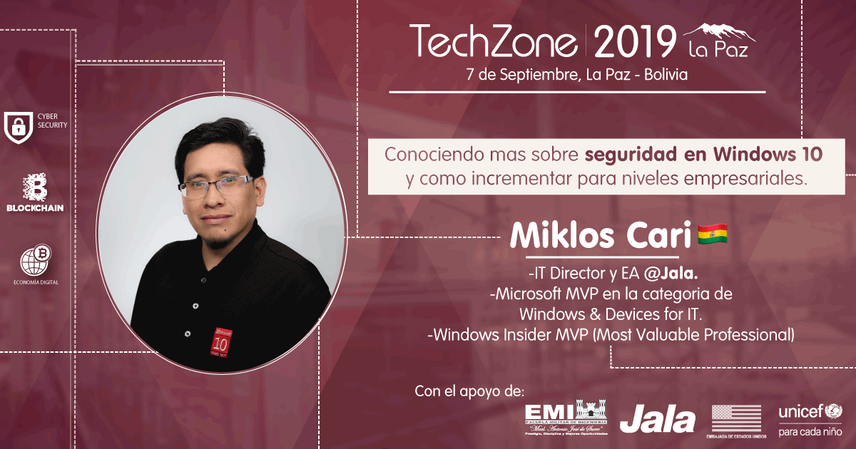 TechZoneJala's tweet photo. ¿Sabías que en Bolivia solo hay 3 Most Valuable Professionals avalados por @Microsoft? 🤔
Uno de ellos es Miklos Cari, con una amplia trayectoria en tecnologías Windows, estará presente en el #TechZone2019, vive la experiencia #TZ2109!!! 🇧🇴⚙️💻✅ https://t.co/vfT3DwI0Hv