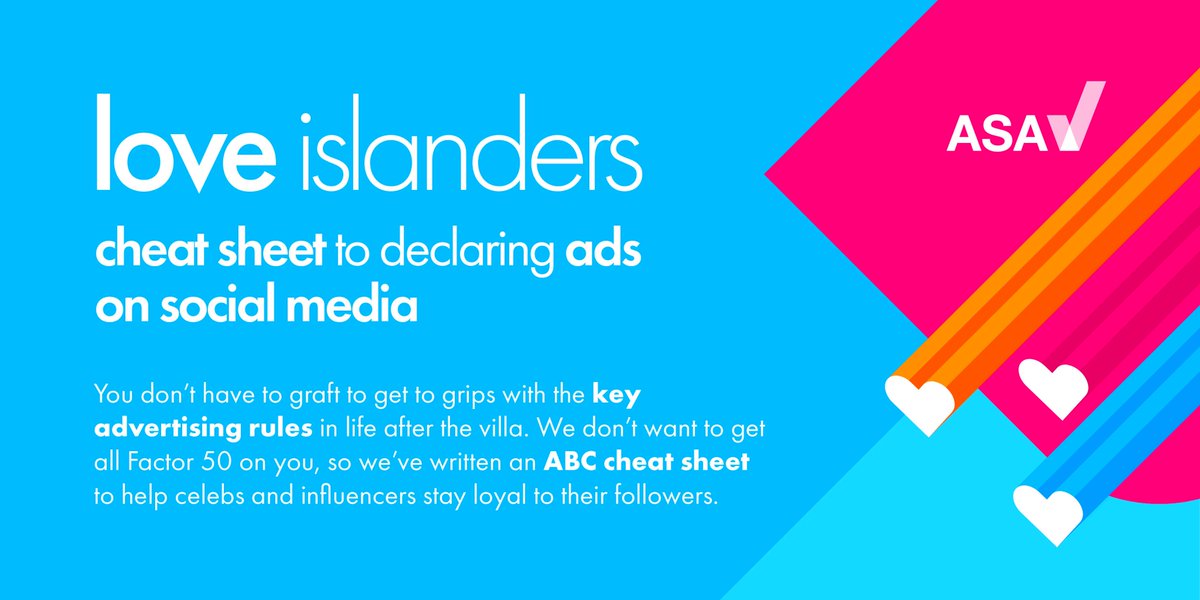 ASA_UK's tweet photo. For tonight’s final, we’re saying ‘good luck!’ to all of 2019’s #LoveIsland contestants, and we’ve #gifted each of them with the ASA’s #ABCcheatsheet to help them with any marketing they get involved with https://t.co/UbYezc7y5l https://t.co/oanebd9UXZ