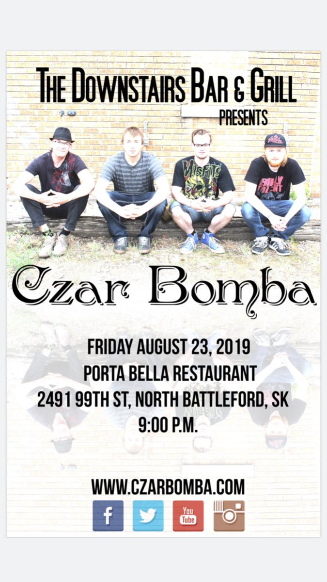 CzarBombaMusic's tweet photo. Don’t miss us live @ The Downstairs Bar &amp; Grill Friday August 23rd at 9:00PM in North Battleford, SK. It’s gonna be a fun show! #czarbomba #livemusic #northbattleford #thebattlefords #saskmusic https://t.co/usfEnM69Xy