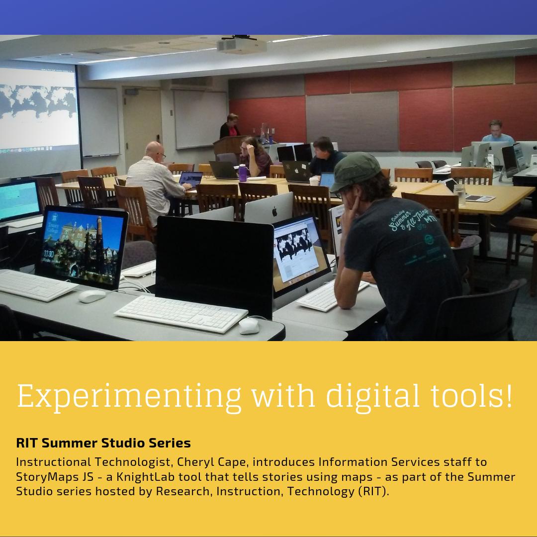 trinitylibrary's tweet image. Instructional Technologist, Cheryl Cape, introduces Information Services staff to StoryMaps JS - a KnightLab tool that tells stories using maps - as part of the Summer Studio series hosted by Research, Instruction, Technology (RIT). 

Shout-out to the organizer, Mary Mahoney.
