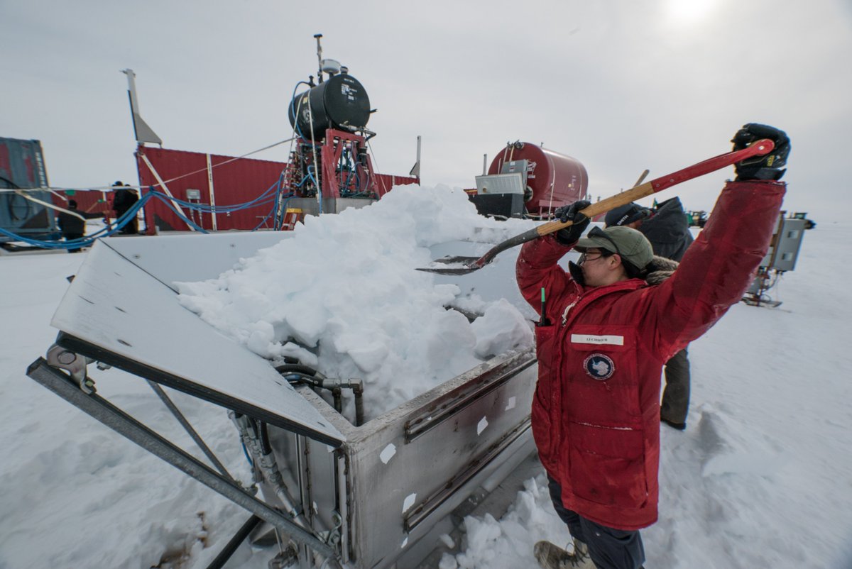 Shoveling snow into the melt tank was a daily occurrence at camp. The melted snow was used as the drilling fluid in our hot water drill that bored through 3,500 feet of ice to access Mercer Subglacial Lake. Photo by Billy Collins, SALSA Education and Outreach. #antarctica