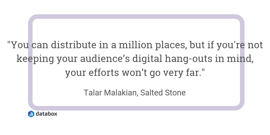 Where do you promote your content?

Talar Malakian of <a href="/saltedstone/">Salted Stone</a> says it is important to keep your audience’s digital hang-outs in mind and share your content where they are for maximum content distribution ROI.

hubs.ly/H0jBSjD0