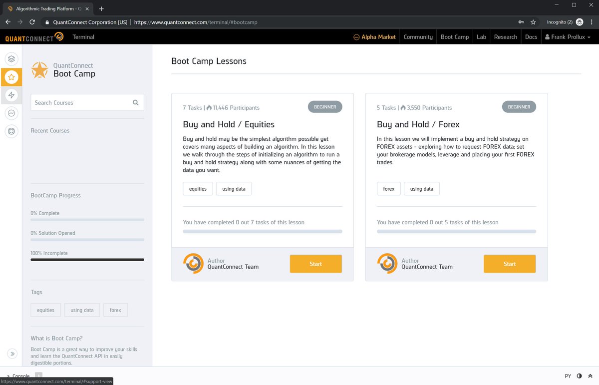 QuantConnect's tweet image. We’re always striving to help our #QuantCommunity improve their skills &amp;amp; better learn our API. To aid that effort we recently launched a new design for our Boot Camp tutorials. See more on our page: quantconnect.com/terminal/#boot…