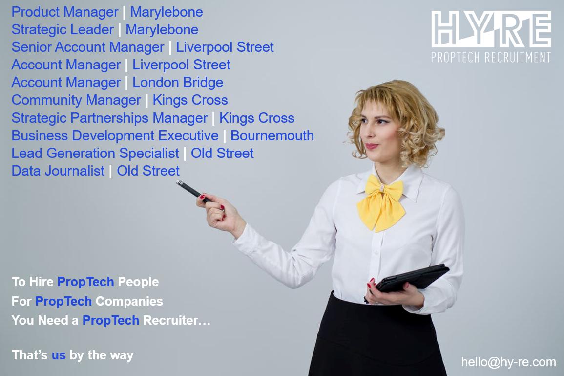 PropTechJobs's tweet photo. These are the roles the #PropTech team are recruiting for this week, get in touch to learn more at hello@hy-re.com https://t.co/MscyXrp2vc