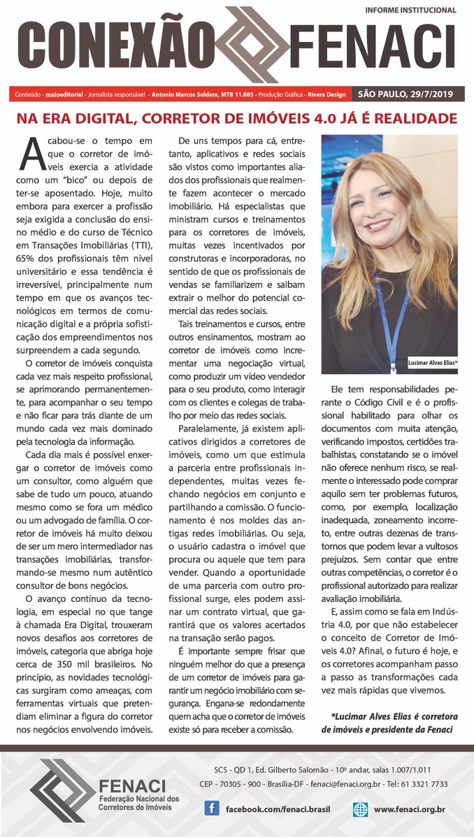 fenaci's tweet photo. Conexão Fenaci de julho, na página B4, caderno de Economia do @Estadao de hoje, traz artigo da presidente da entidade, Lucimar Alves Elias, comentando os efeitos da Era Digital na atividade de corretagem imobiliária, rumo ao que já se pode chamar de Corretor de Imóveis 4.0: https://t.co/b1jvb4AeqI