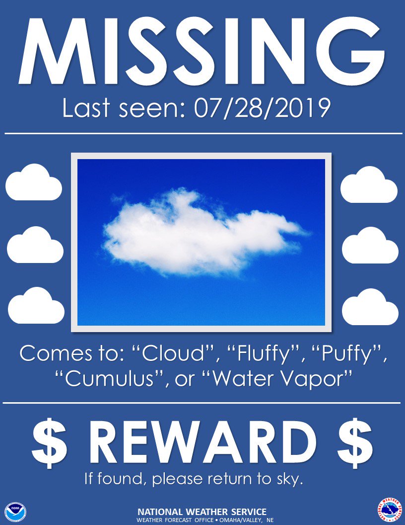 NWSOmaha's tweet photo. Anybody seen our friend "Cloud" out there today? We have not seen our pal since yesterday and even though it's not too hot, we wouldn't mind some shade this afternoon. #newx #iawx https://t.co/2g3DAJxGKi