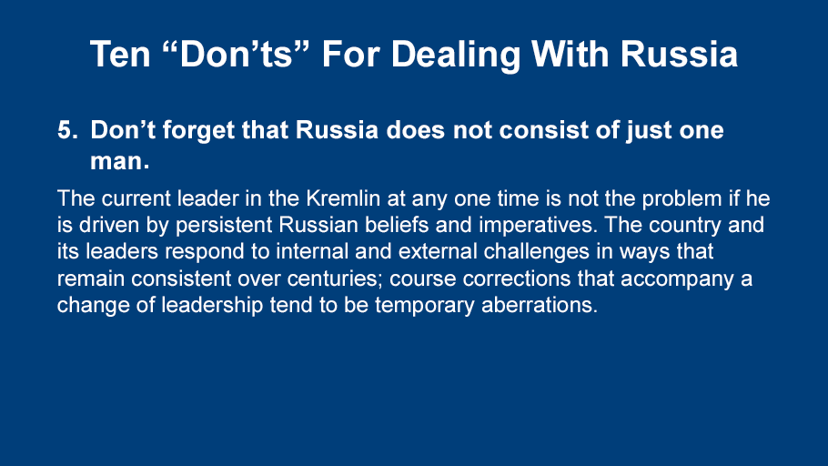 5/ President Putin is not the whole problem. He is enacting Russia's traditional means of dealing with challenges, not inventing them from scratch. A change of attitude from Russia would require far more than a change of leader.