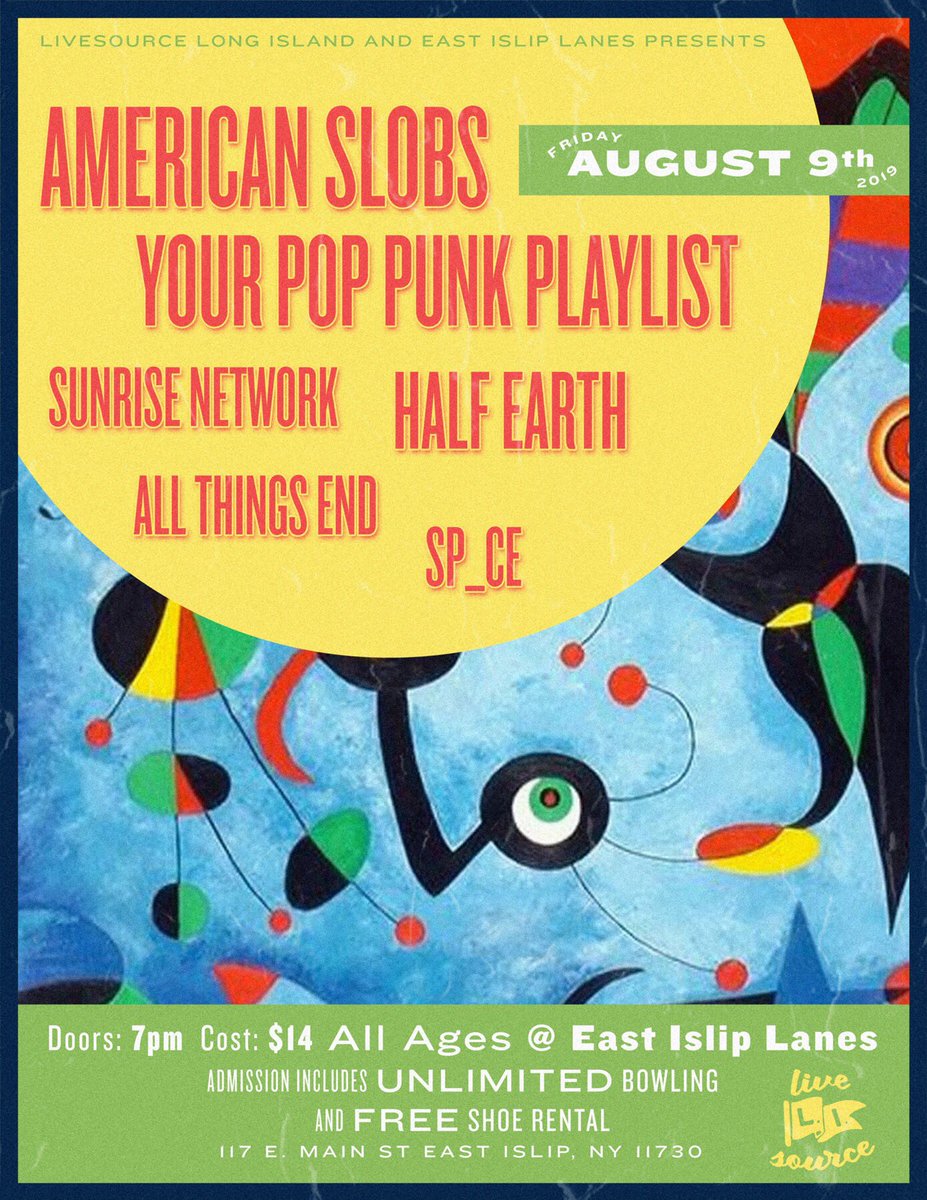 LIVESOURCELI's tweet image. Next Friday August 9th #AmericanSlobs ( @SeanMCorrigan ) • #YourPopPunkPlaylist ( @dobrock ) • @sp_cejams • #SunriseNetwork • #halfearth  • #allthingsend RT
🏝🎸🎸🎳🎳🎤🎳🎳🎸🎸🏝