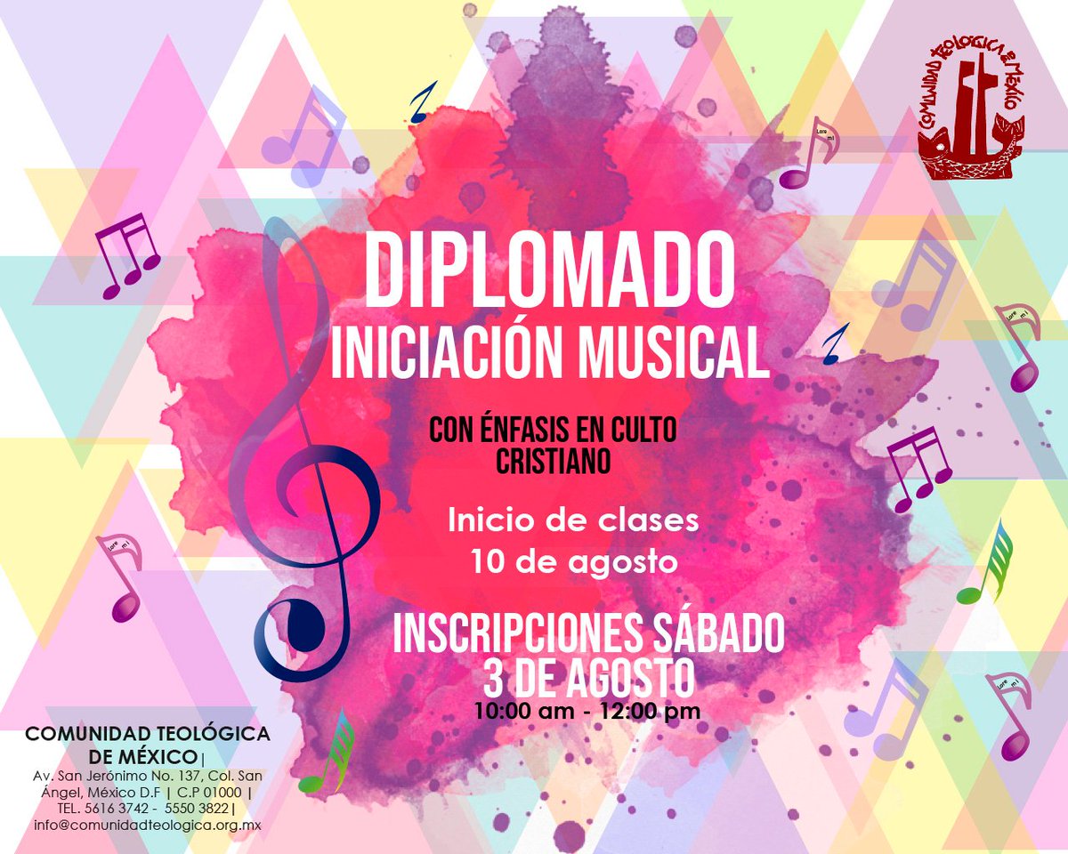 ComTeoldMex's tweet photo. ¡TE ESPERAMOS!
Inscripciones para el Diplomado de Iniciación Musical con énfasis en culto cristiano.

Sábado 3 de agosto
10:00 am - 12:00 pm.

COMUNIDAD TEOLÓGICA DE MÉXICO.
Av.San Jerónimo No. 137, Col. La otra banda, México D.F.| C.P 01090

info@comunidadteologica.org.mx https://t.co/ZO8IEuA3Oa