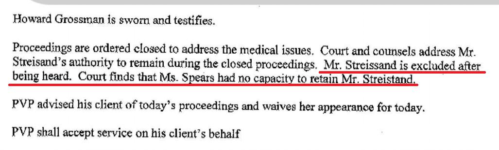 Adam Streisand is ejected from the court. The court says it found out Britney doesn't have the capacity to hire her own attorney. Based on what ? Based on Ingham's diagnosis he made after meeting her at the hospital for 15 minutes. The conflict of interest start here  #FreeBritney