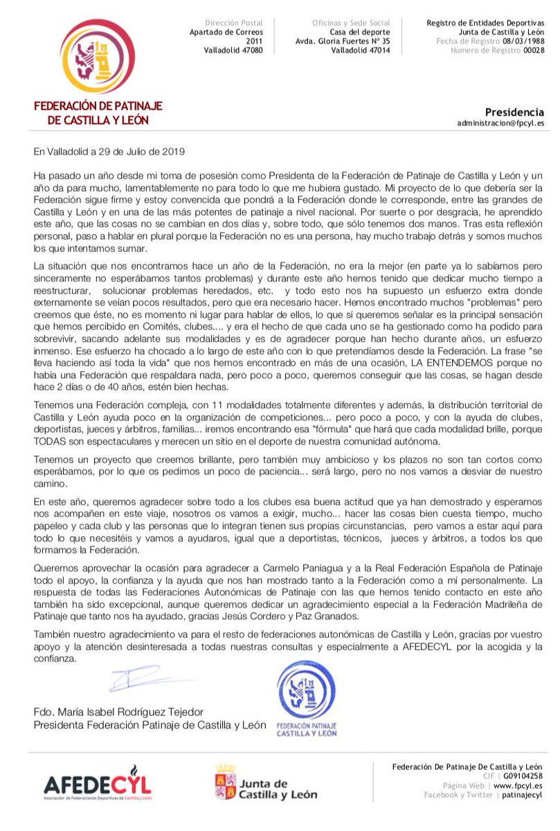 patinajecyl's tweet photo. Con motivo del aniversario de la toma de posesión de la Presidenta, Isabel Rodríguez, os dejamos copia del escrito remitido a los clubes por si fuera de vuestro interés. Gracias!! https://t.co/sRxH3ST9Zd