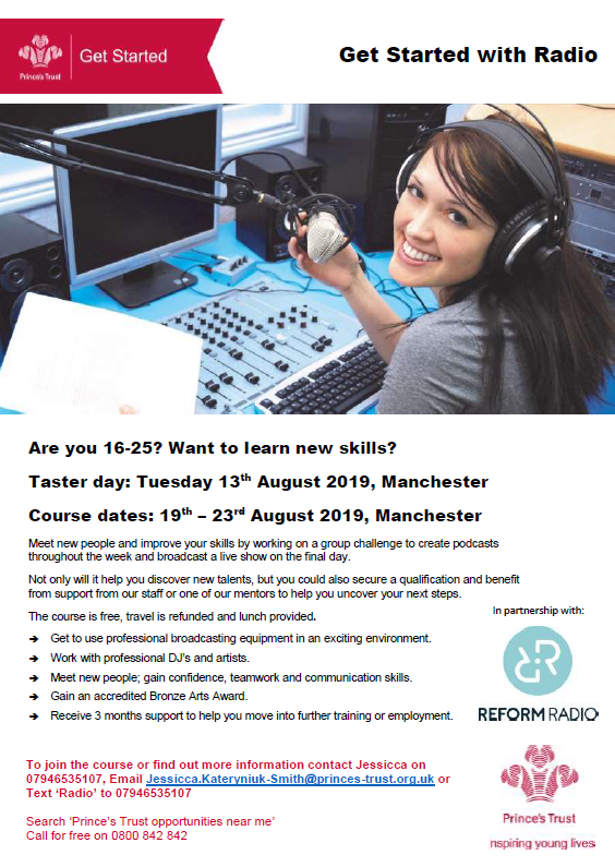 Get Started in Radio! @PrincesTrust have teamed up with @ReformRadioMCR to help young people get experience, qualifications and confidence to move in to work! See details of the taster day below 🔽🔽