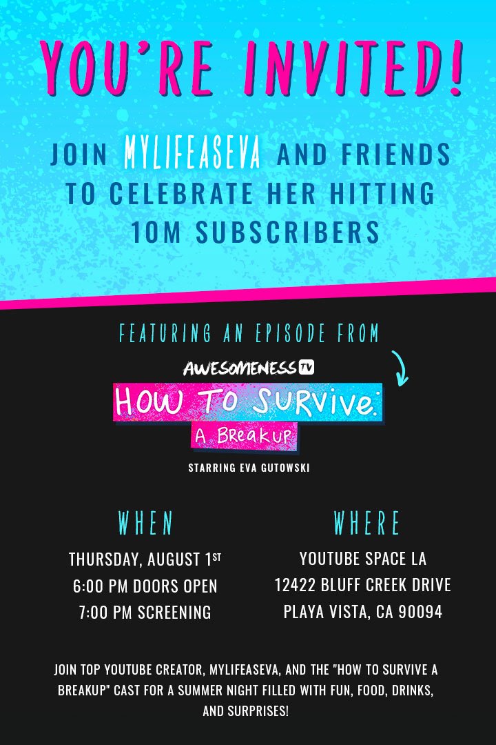 YouTubeSpaceLA's tweet image. Join us as we celebrate @lifeaseva&apos;s 
💎💎10M Subscribers💎💎
(featuring a screening of #HowToSurvive )
📆This Thursday (August 1st)
⌚️6PM
 👉 goo.gle/LifeAsEva_LA