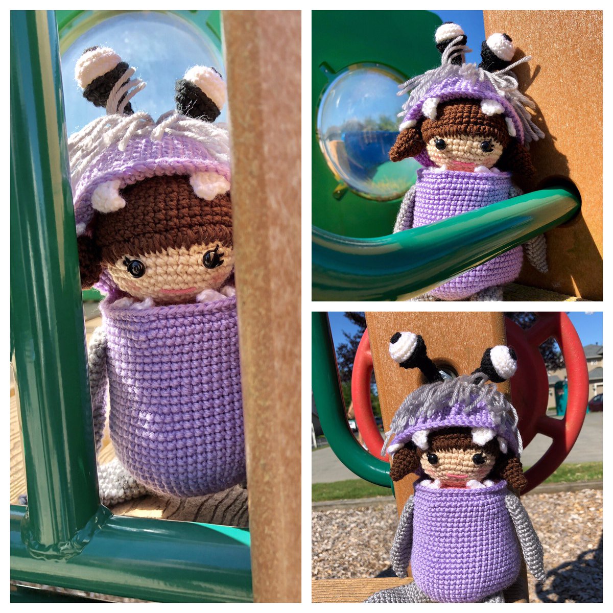 I made a Boo doll! I’m so stinking proud of her that I’m spamming you with pictures She lives with a friend whose favorite movie is Monsters Inc.  It’s a mod of Little Ella in her monster suit designed by littleaquagirl #crochet #amigurumi #Boo #monstersinc #doll #boomonstersinc