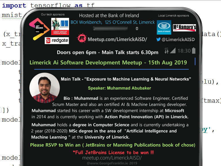 Join us at the Limerick Ai meetup on Thurs 15th of Aug for the talk "Exposure to Machine Learning &amp; Neural Networks" by Muhammad Abubaker. Please RSVP to be included in the sponsored <a href="/jetbrains/">JetBrains</a> and <a href="/ManningBooks/">Manning Publications</a> raffle prize draw. meetup.com/LimerickAISD/e…