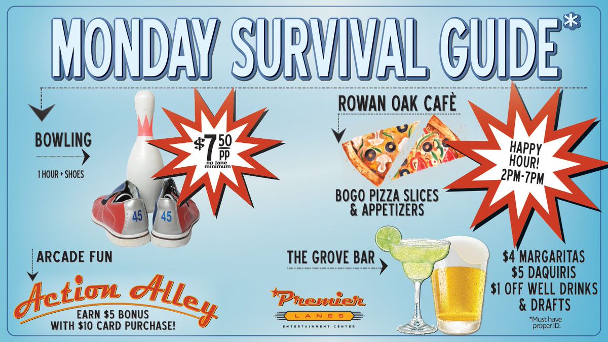 PremierLanesOx's tweet photo. Survive the Monday blues today by stopping by at Premier Lanes to enjoy some bowling, pizza, arcade games and drinks with some friends!
.
.
.
#MondaySurvival #Bowling #Arcade #PremierLanes #OxfordMs #OleMiss #RowanOakCafe #GroveBar https://t.co/4vCim0suBp
