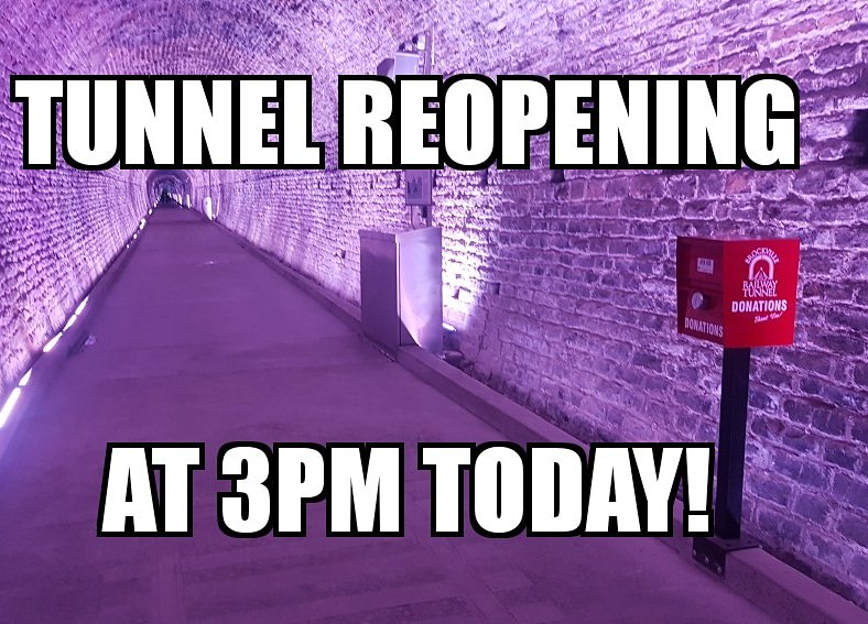 Thanks for your patience!  Maintenance will be completed faster than anticipated.  See you at 3:00, and we welcome any and all donations to help pay for said maintenance.  We have red donation boxes OR you can even donate on line! 
brockvillerailwaytunnel.com/donate.php

Thanks again!