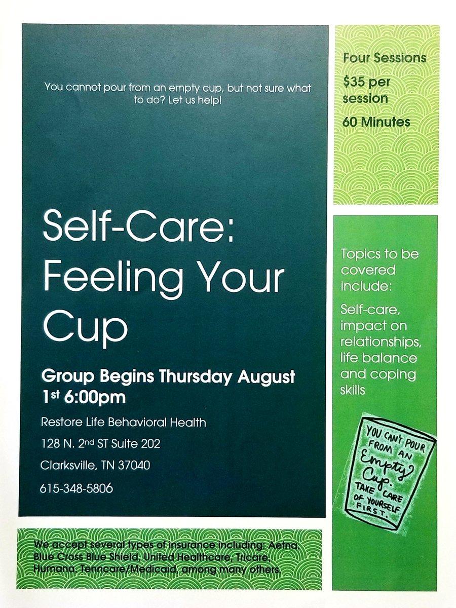 RestoreLifeBH's tweet photo. If you are in need of Feeling Your 🥤and live in the Clarksville, TN and surrounding areas, come join us!  #restorelifebh #feelingyourcup #selfcare #restoringyou https://t.co/MFd295dy5J