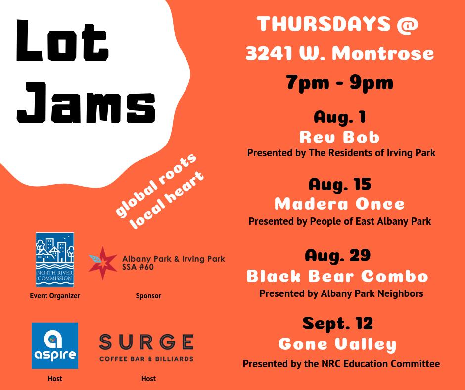 Thank you to event organizer <a href="/AlbanyPkChamber/">Albany Park Chamber</a> and event sponsor Albany Park &amp; Irving Park Special Service Area #60 for helping us with Lot Jams! This FREE concert series starts Thursday. Check out this year's lineup below!