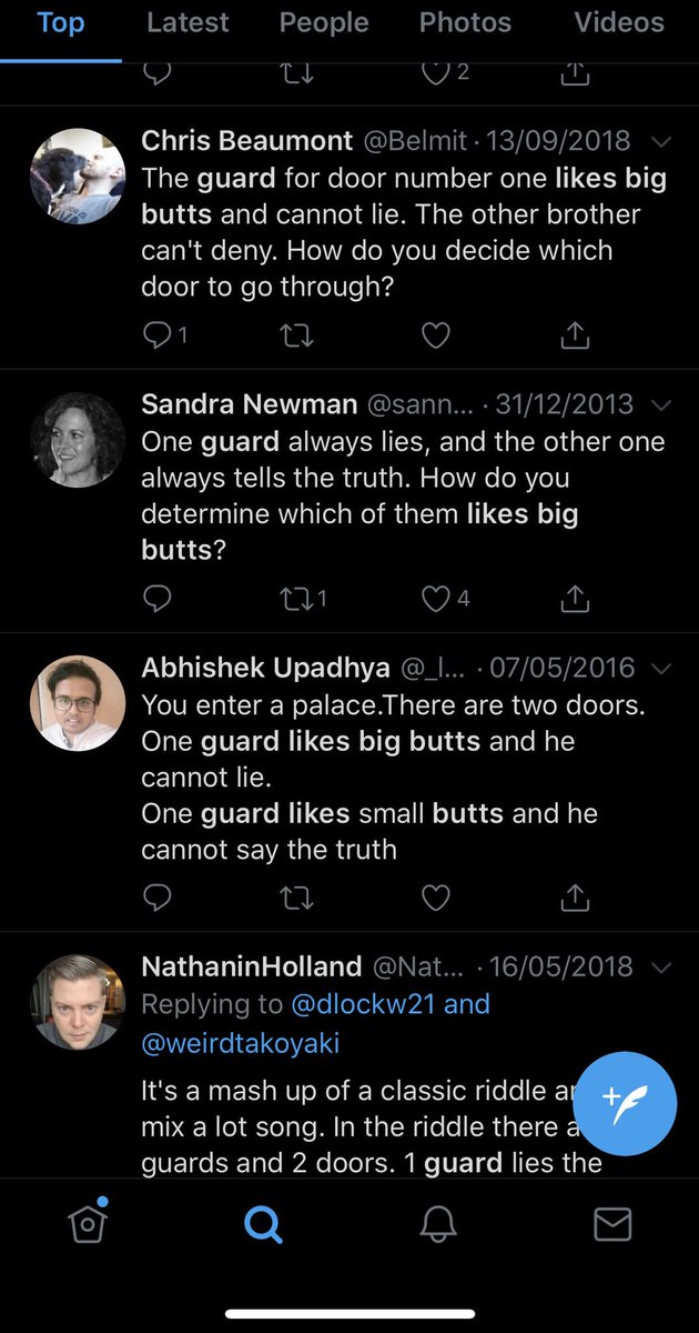 Guybrush Tweetgood On Twitter Two Knights Appear Before You One Of Them Likes Big Butts And Cannot Lie The Other Likes Big Butts And Cannot Tell The Truth What Question Do You